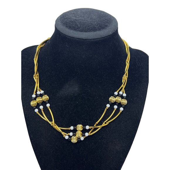 Gold Tone Triple Strand Twisted Necklace With Gold Black & White Beads (785) - Picture 1 of 6
